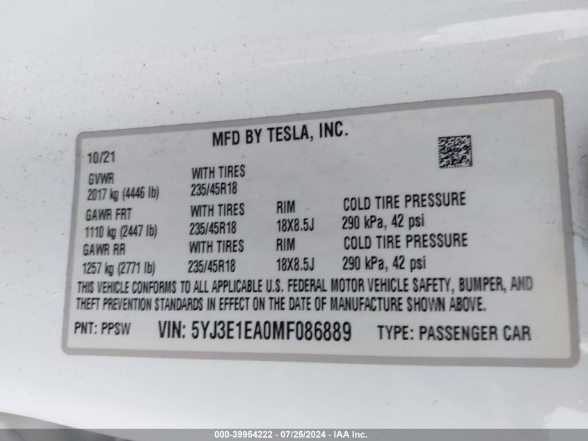 2021 Tesla Model 3 VIN: 5YJ3E1EA0MF086889 Lot: 39954222