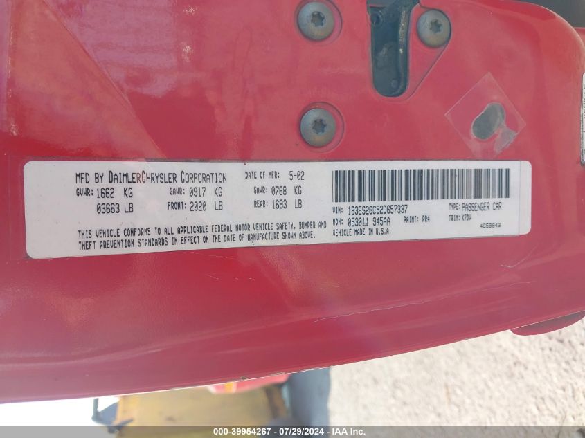 2002 Dodge Neon VIN: 1B3ES26C52D657337 Lot: 39954267