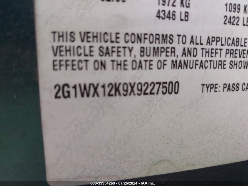 1999 Chevrolet Monte Carlo Z34 VIN: 2G1WX12K9X9227500 Lot: 39954269