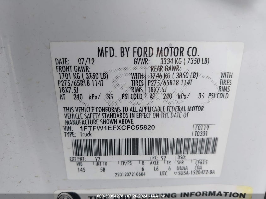 2012 Ford F150 Supercrew VIN: 1FTFW1EFXCFC55820 Lot: 39954278