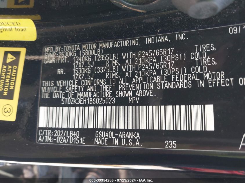 2011 Toyota Highlander Se V6 VIN: 5TDZK3EH1BS025023 Lot: 39954286