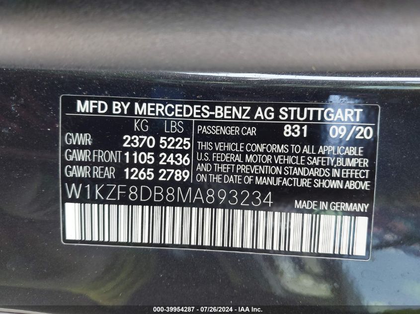 2021 Mercedes-Benz E 350 VIN: W1KZF8DB8MA893234 Lot: 39954287