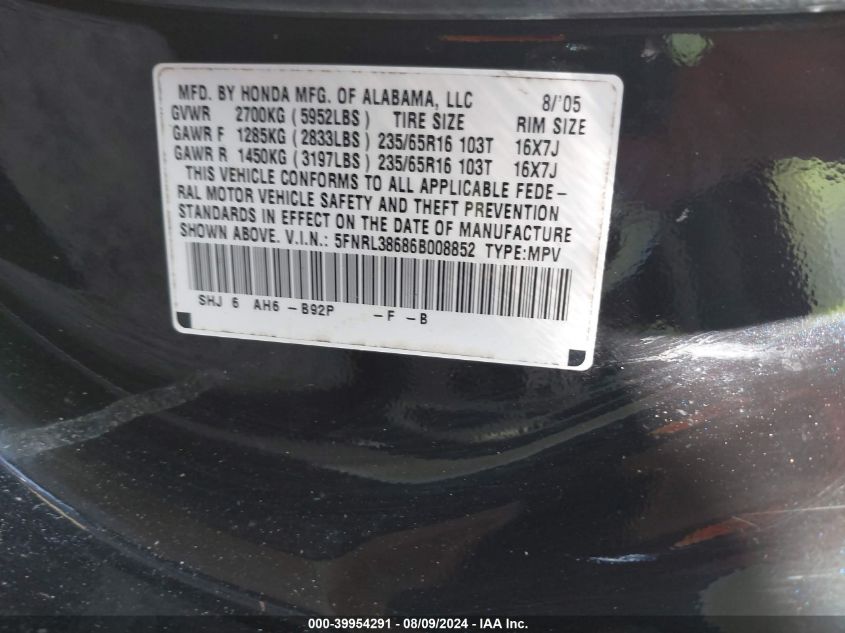 2006 Honda Odyssey Ex-L VIN: 5FNRL38686B008852 Lot: 39954291