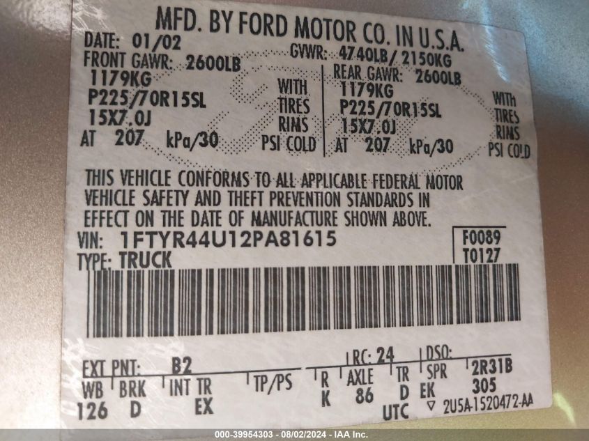 2002 Ford Ranger Edge/Tremor/Xlt VIN: 1FTYR44U12PA81615 Lot: 39954303