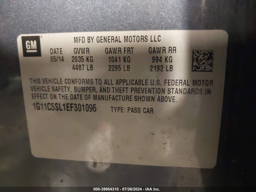 2014 Chevrolet Malibu 1Lt VIN: 1G11C5SL1EF301096 Lot: 39954310