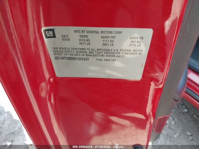 2008 Chevrolet Impala Lt VIN: 2G1WT58KX81252397 Lot: 39954319