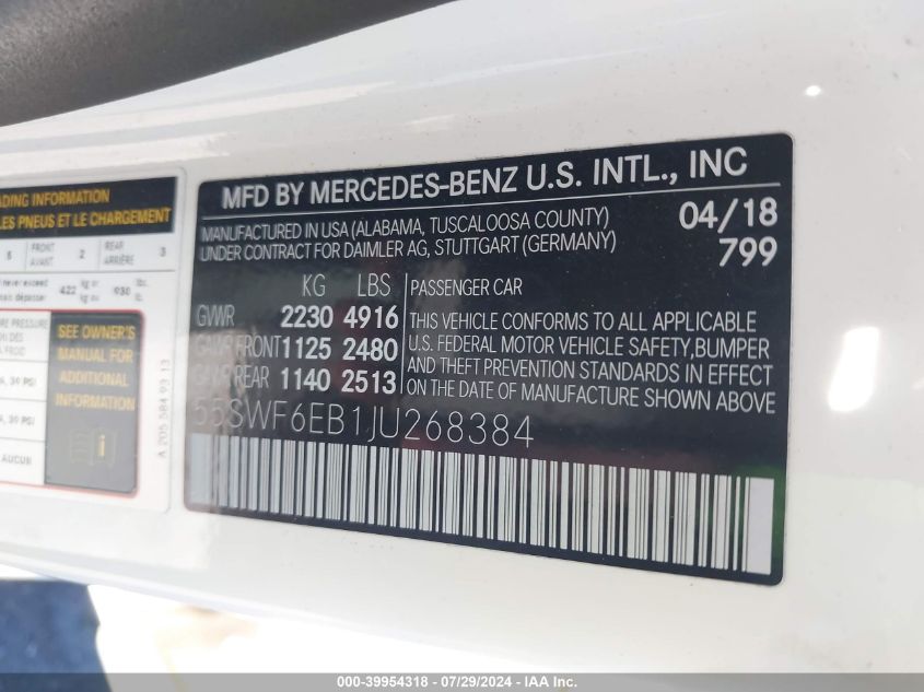 2018 Mercedes-Benz Amg C 43 4Matic VIN: 55SWF6EB1JU268384 Lot: 39954318