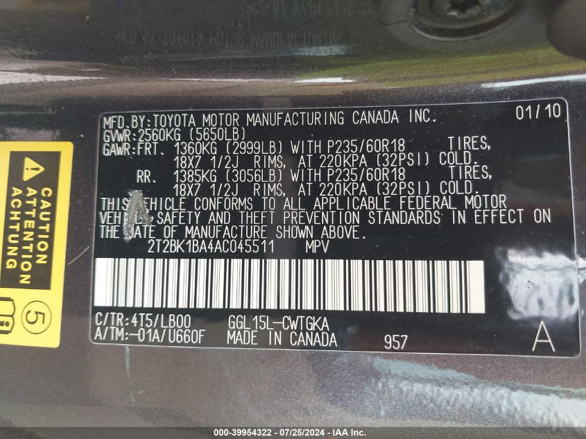 2010 Lexus Rx 350 VIN: 2T2BK1BA4AC045511 Lot: 39954322