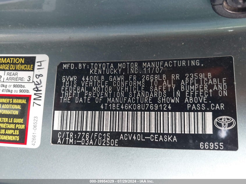 2008 Toyota Camry Le/Se/Xle VIN: 4T1BE46K08U769124 Lot: 39954329