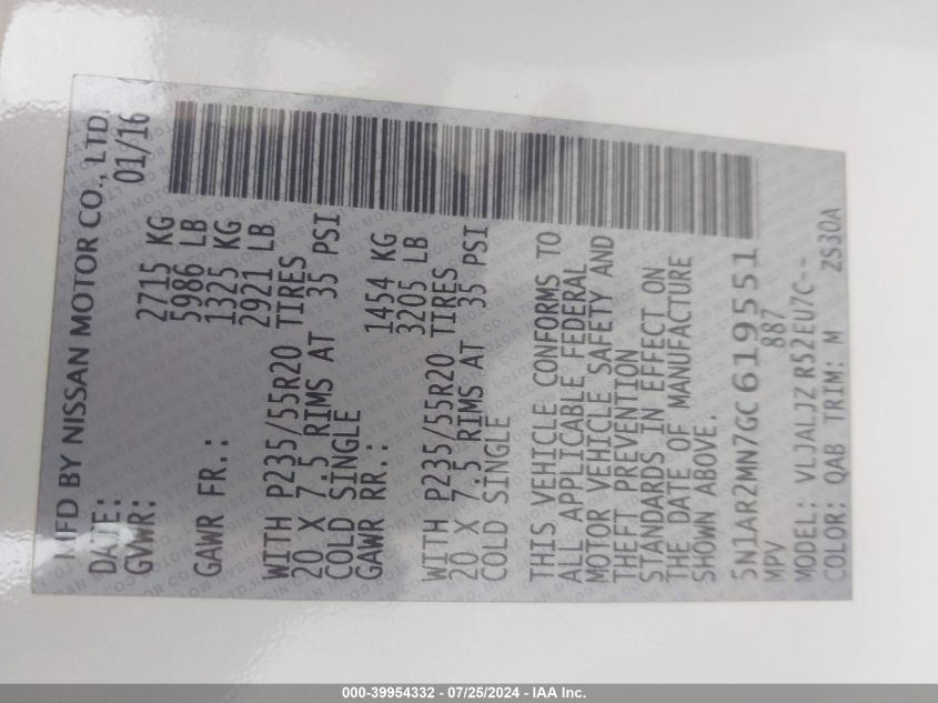 2016 Nissan Pathfinder Platinum VIN: 5N1AR2MN7GC619551 Lot: 39954332