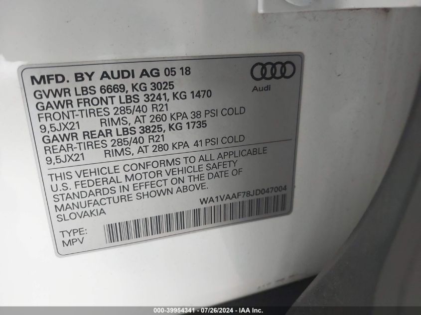 2018 Audi Q7 3.0T Premium VIN: WA1VAAF78JD047004 Lot: 39954341