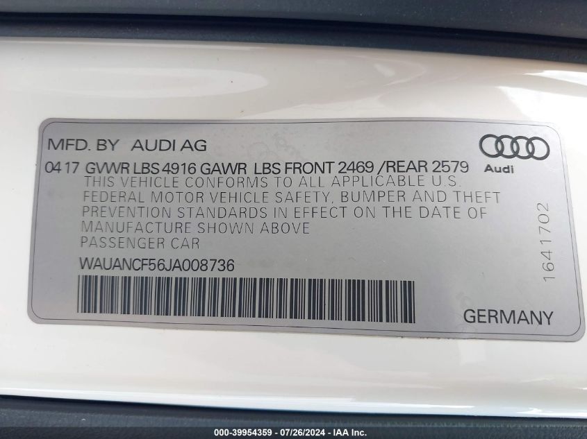 2018 AUDI A5 2.0T PREMIUM - WAUANCF56JA008736