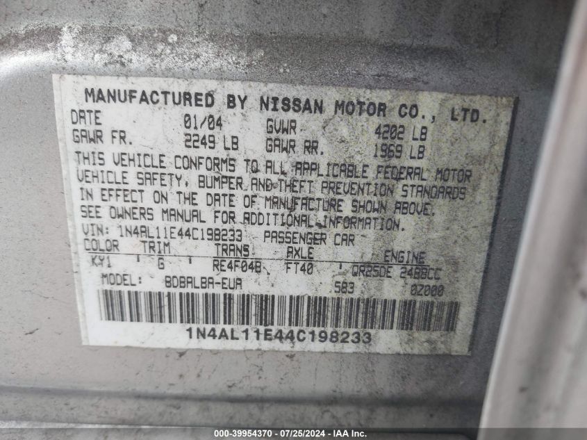 2004 Nissan Altima S/Sl VIN: 1N4AL11E44C198233 Lot: 39954370