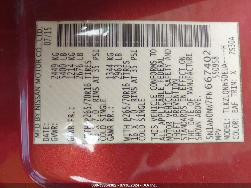 2015 NISSAN XTERRA X - 5N1AN0NW7FN667402