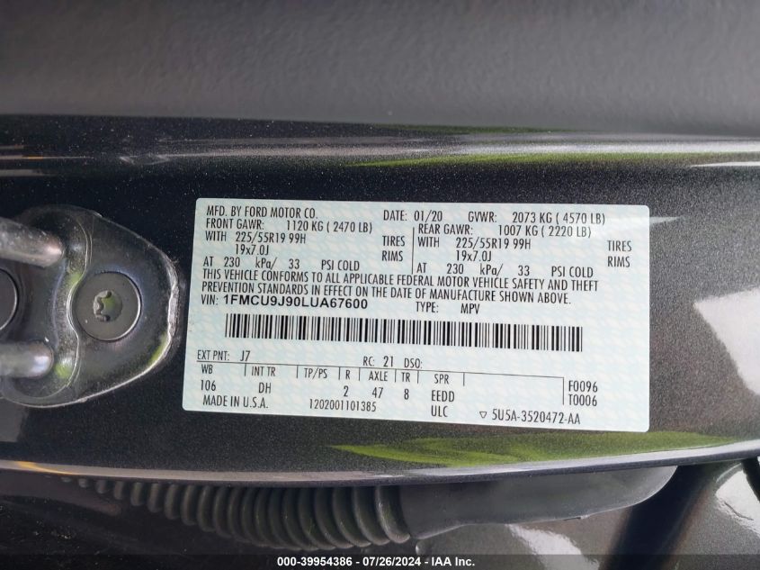 2020 Ford Escape Titanium VIN: 1FMCU9J90LUA67600 Lot: 39954386