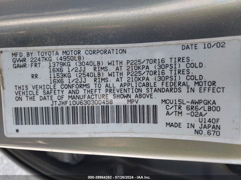 2003 Lexus Rx 300 VIN: JTJHF10U630300458 Lot: 39954392