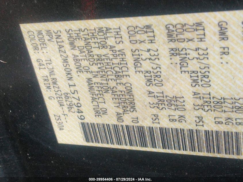 2019 Nissan Murano Sl VIN: 5N1AZ2MS0KN157949 Lot: 39954406