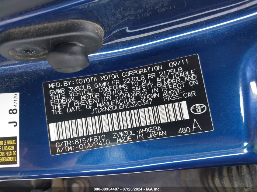 2011 Toyota Prius Five/Four/One/Three/Two VIN: JTDKN3DU5B5320347 Lot: 39954407