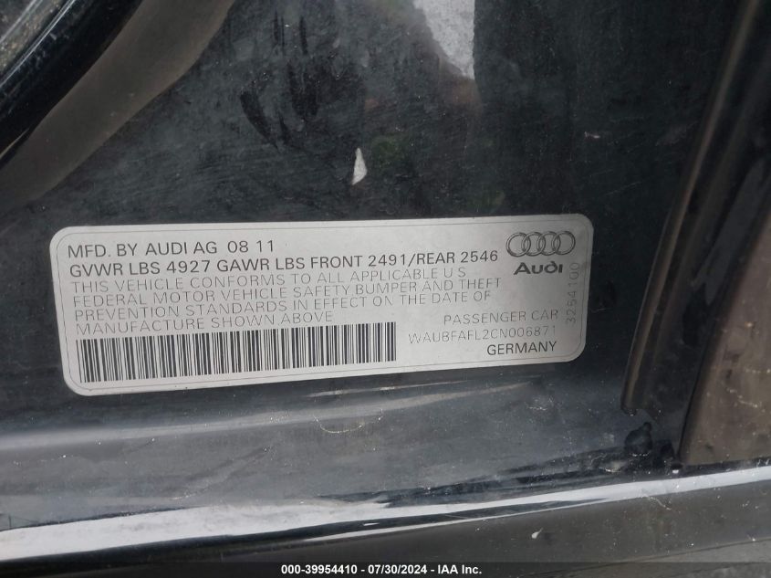2012 Audi A4 Premium VIN: WAUBFAFL2CN006871 Lot: 39954410