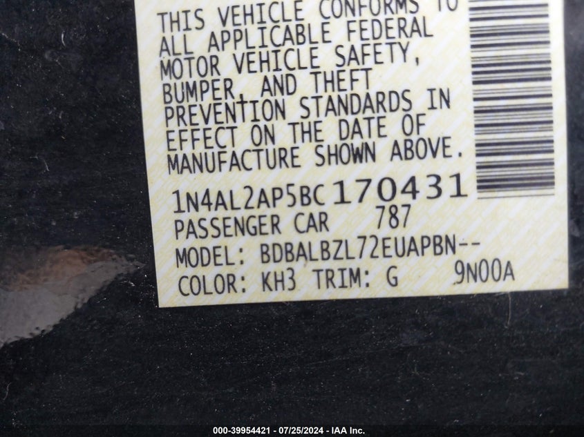 2011 Nissan Altima 2.5 S VIN: 1N4AL2AP5BC170431 Lot: 39954421