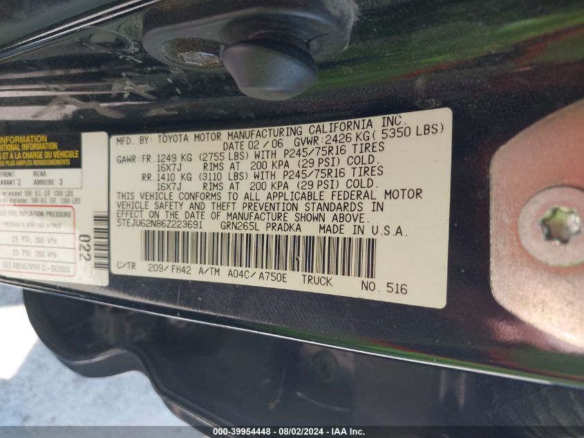 2006 Toyota Tacoma Prerunner V6 VIN: 5TEJU62N86Z223691 Lot: 39954448