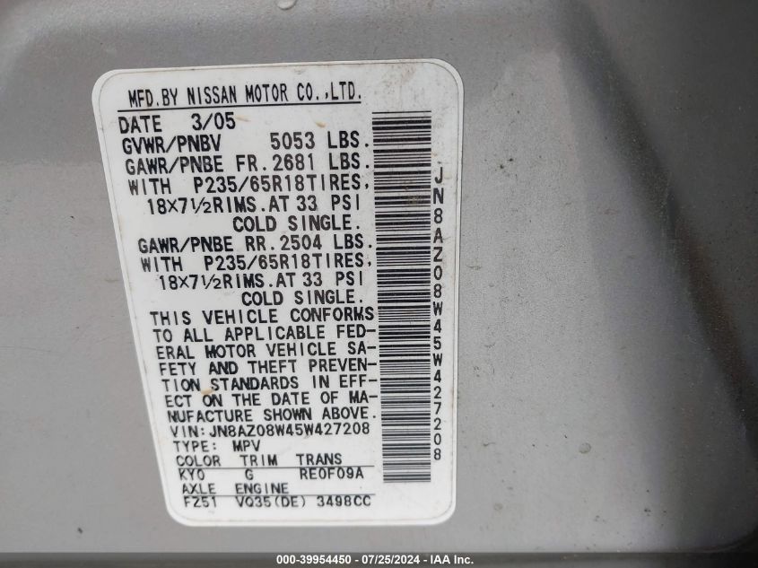 2005 Nissan Murano Sl VIN: JN8AZ08W45W427208 Lot: 39954450