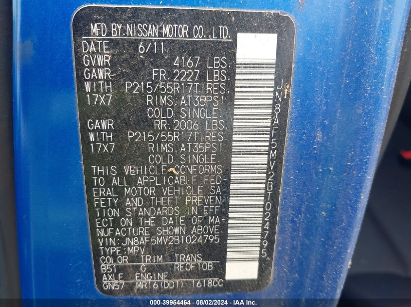 2011 Nissan Juke S VIN: JN8AF5MV2BT024795 Lot: 39954464