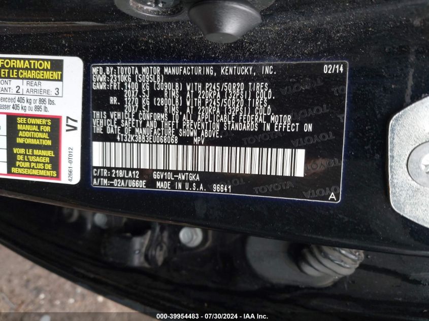 2014 Toyota Venza Xle V6 VIN: 4T3ZK3BB3EU068068 Lot: 39954483