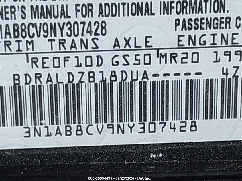 2022 Nissan Sentra Sv Xtronic Cvt VIN: 3N1AB8CV9NY307428 Lot: 39954491