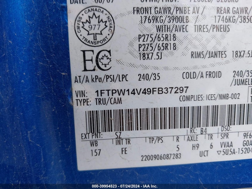 2009 Ford F-150 Xlt VIN: 1FTPW14V49FB37297 Lot: 39954523