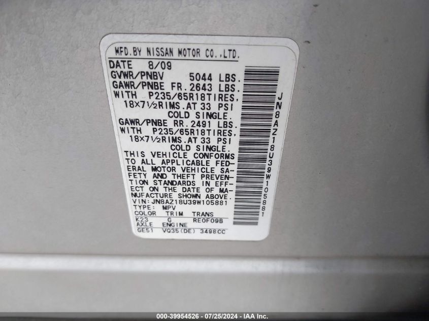 2009 Nissan Murano Sl VIN: JN8AZ18U39W105881 Lot: 39954526