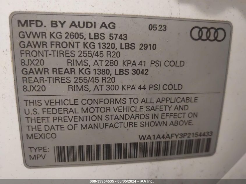 2023 Audi Sq5 Premium Tfsi Quattro Tiptronic VIN: WA1A4AFY3P2154433 Lot: 39954535