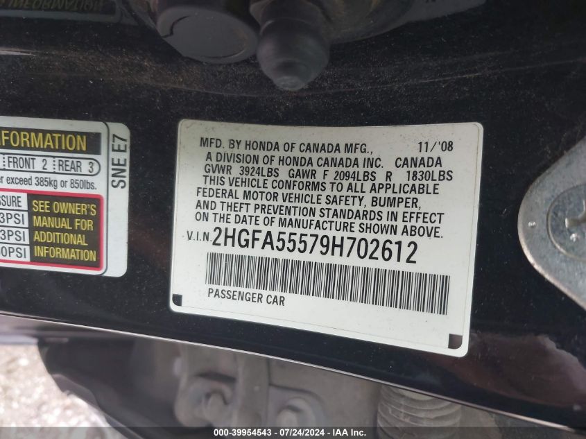 2009 Honda Civic Si VIN: 2HGFA55579H702612 Lot: 39954543