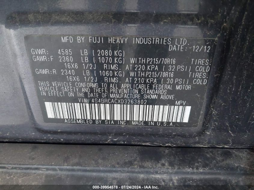 2013 Subaru Outback 2.5I VIN: 4S4BRCACXD3263802 Lot: 39954578