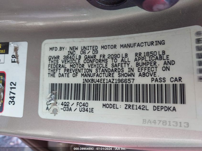 2010 Toyota Corolla Le VIN: 1NXBU4EE1AZ196657 Lot: 39954593