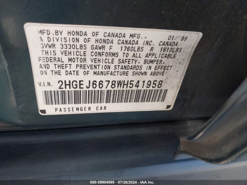 1998 Honda Civic Lx VIN: 2HGEJ6678WH541958 Lot: 39954595