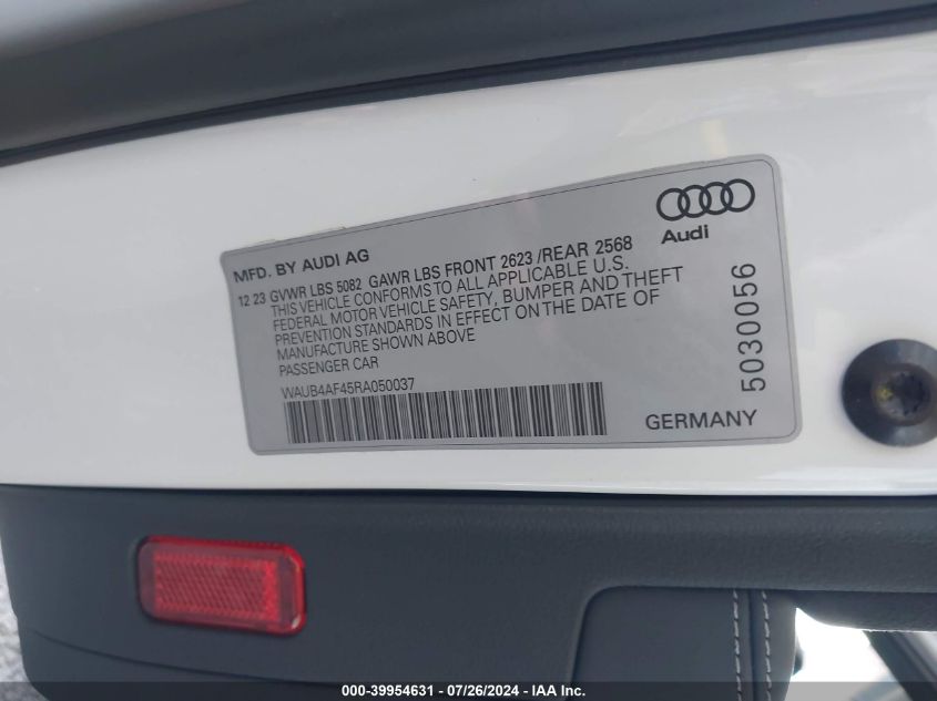 2024 Audi S4 Premium Plus Tfsi Quattro Tiptronic VIN: WAUB4AF45RA050037 Lot: 39954631