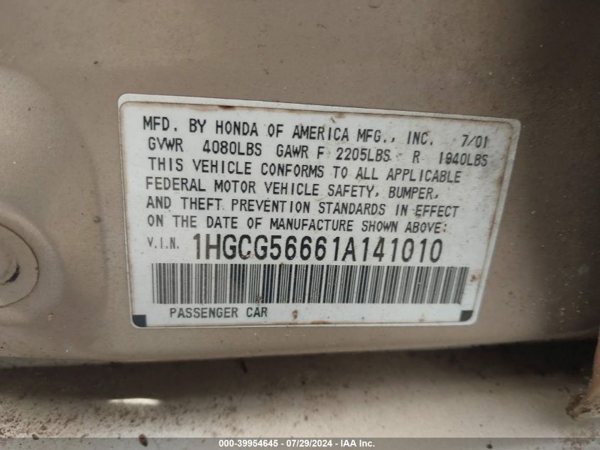 2001 Honda Accord Sdn Ex/Ex W/Leather VIN: 1HGCG56661A141010 Lot: 39954645