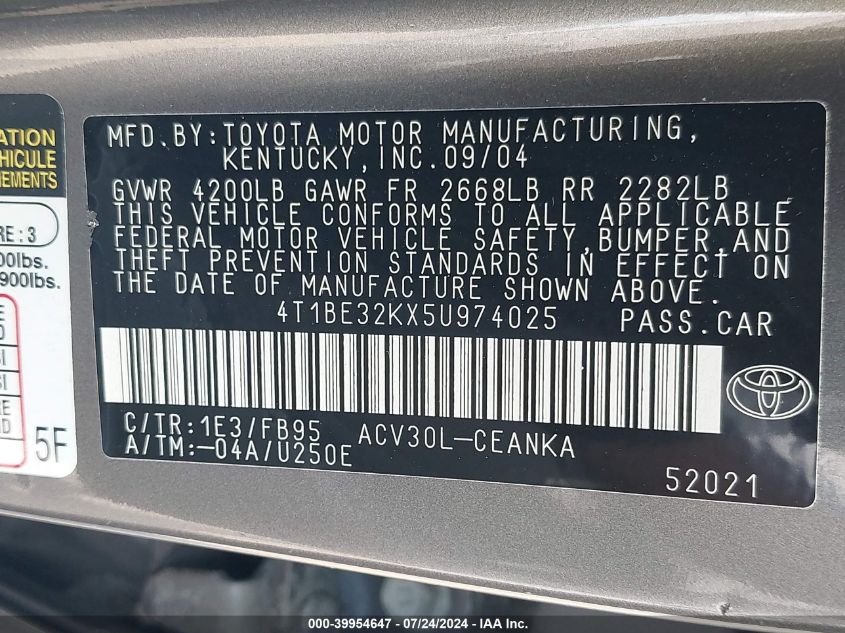 2005 Toyota Camry Le VIN: 4T1BE32KX5U974025 Lot: 39954647