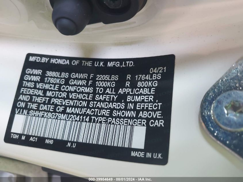 2021 Honda Civic Type R Touring VIN: SHHFK8G79MU204114 Lot: 39954649