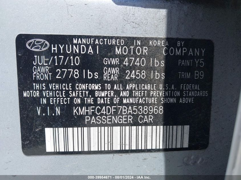 2011 Hyundai Azera Limited VIN: KMHFC4DF7BA538968 Lot: 39954671