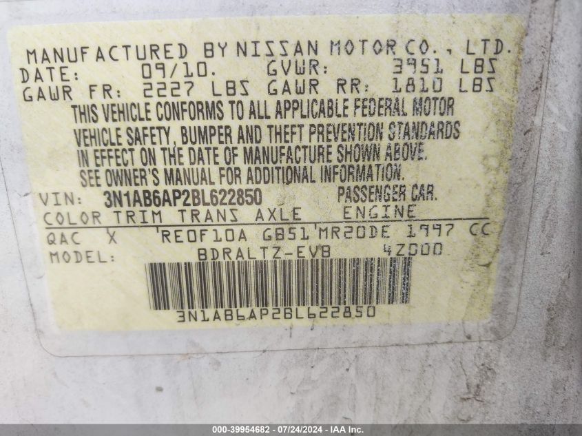 2011 Nissan Sentra 2.0S VIN: 3N1AB6AP2BL622850 Lot: 39954682