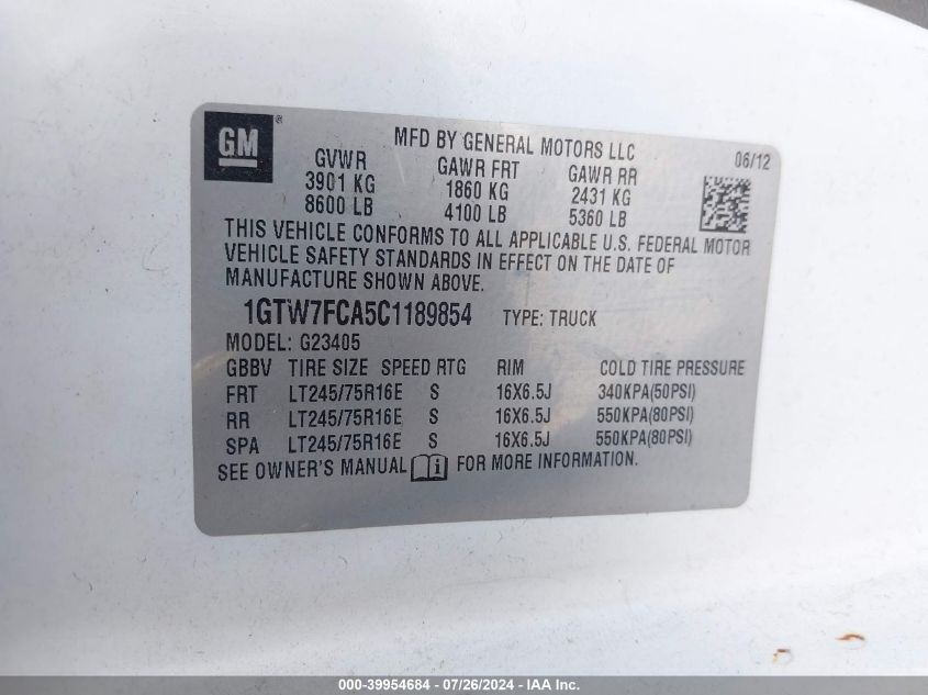 1GTW7FCA5C1189854 2012 GMC Savana 2500 Work Van