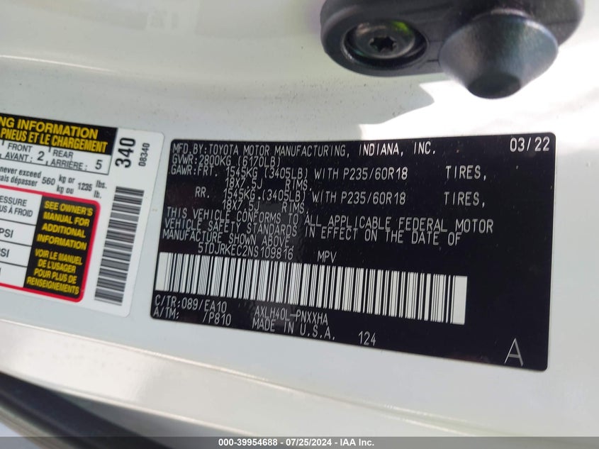 2022 TOYOTA SIENNA XLE - 5TDJRKEC2NS109816