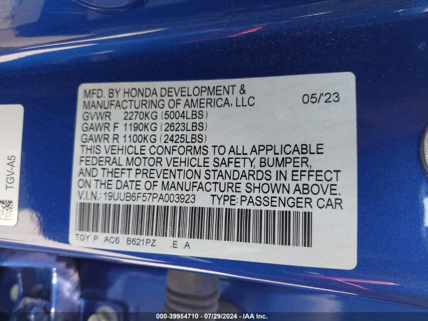 2023 Acura Tlx A-Spec Package VIN: 19UUB6F57PA003923 Lot: 39954710