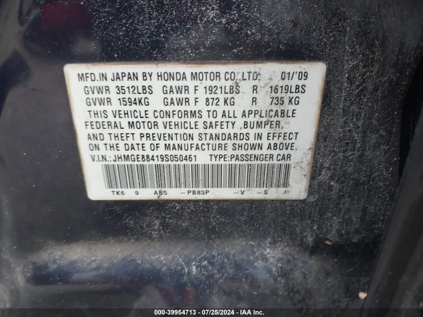 2009 Honda Fit Sport VIN: JHMGE88419S050461 Lot: 39954713