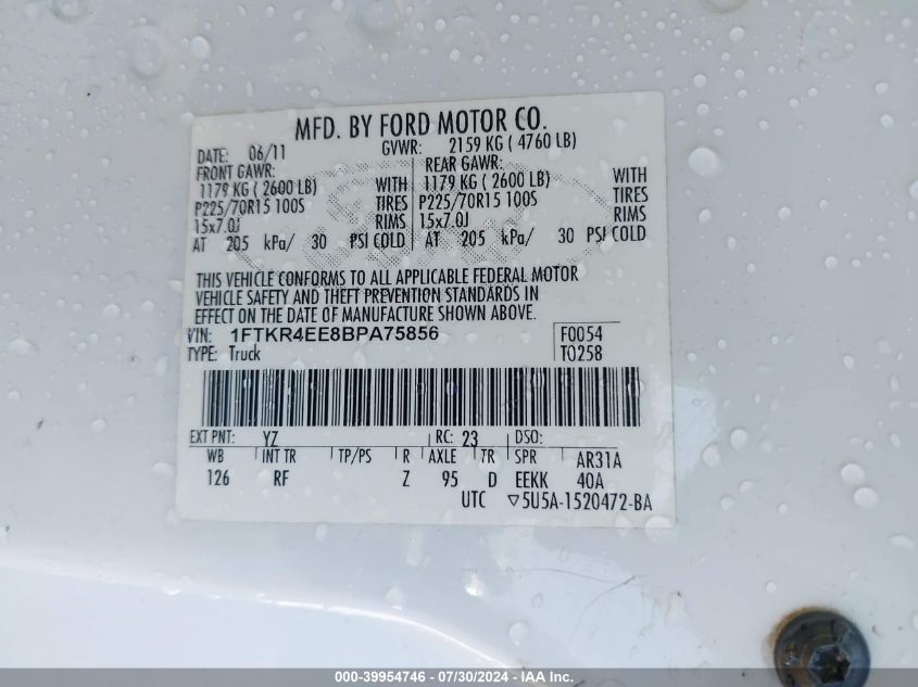 2011 Ford Ranger Xlt VIN: 1FTKR4EE8BPA75856 Lot: 39954746