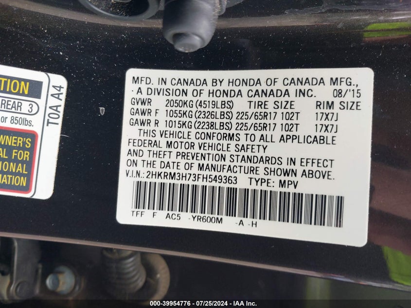 2015 Honda Cr-V Ex-L VIN: 2HKRM3H73FH549363 Lot: 39954776