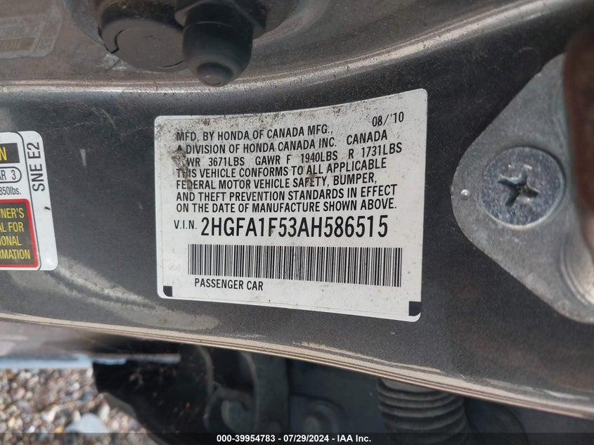 2010 Honda Civic Lx VIN: 2HGFA1F53AH586515 Lot: 39954783