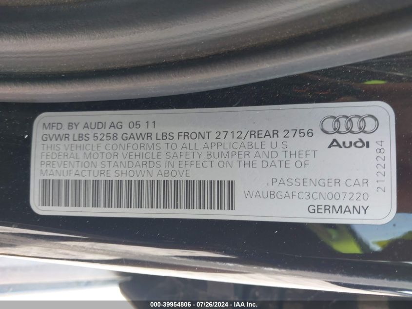 2012 Audi A6 3.0 Premium VIN: WAUBGAFC3CN007220 Lot: 39954806